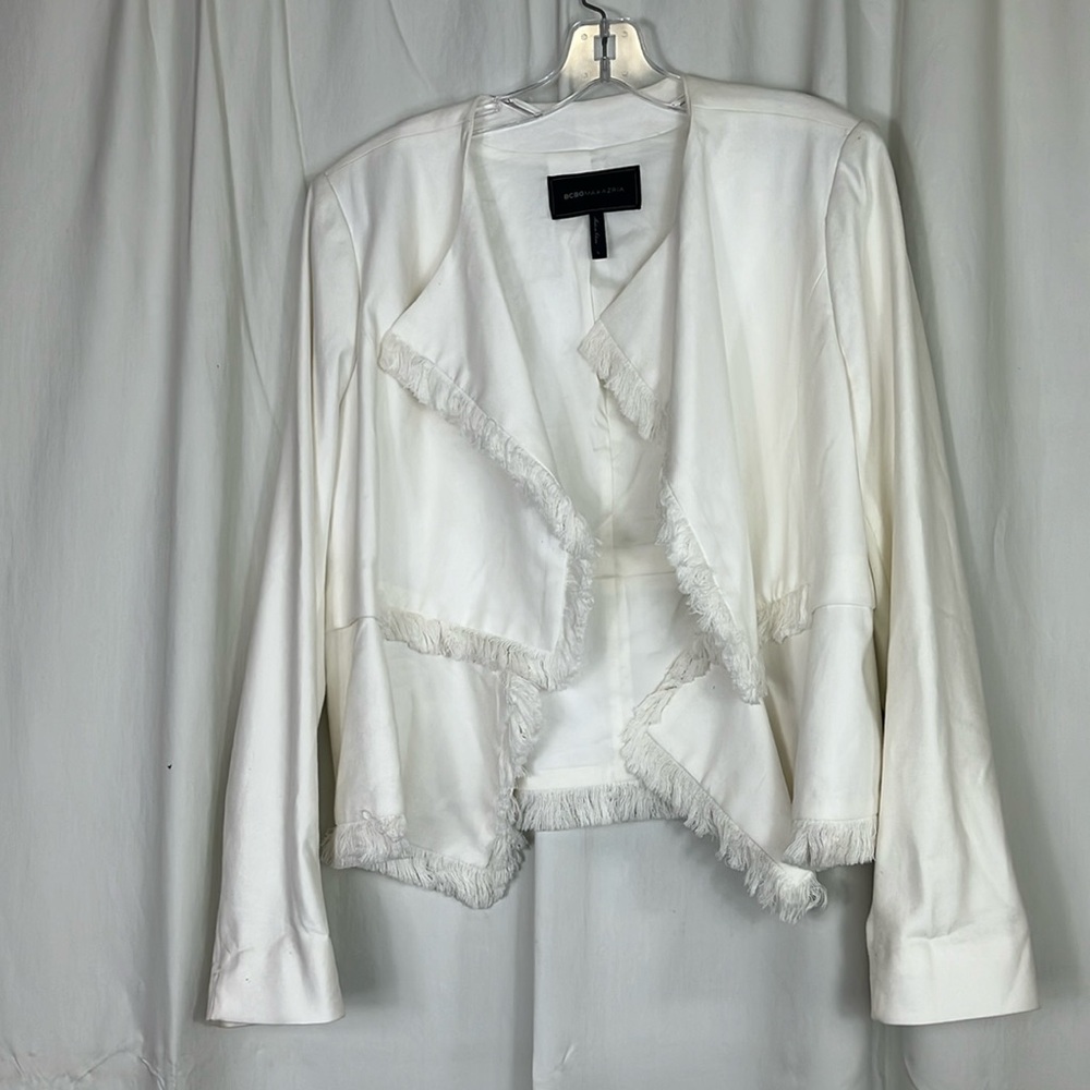 BCBGMaxAzria Off-White Fringe-Trim Open Blazer